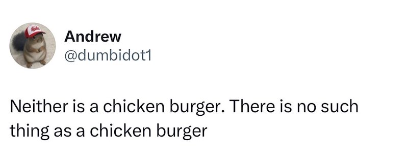 Andrew @dumbidot1 Neither is a chicken burger. There is no such thing as a chicken burger