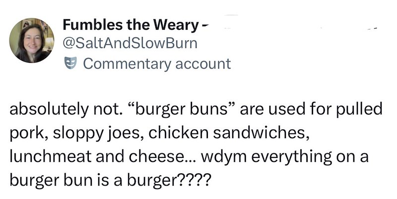 Fumbles the Weary- @SaltAndSlow Burn Commentary account absolutely not. "burger buns" are used for pulled pork, sloppy joes, chicken sandwiches, lunchmeat and cheese... wdym everything on a burger bun is a burger????