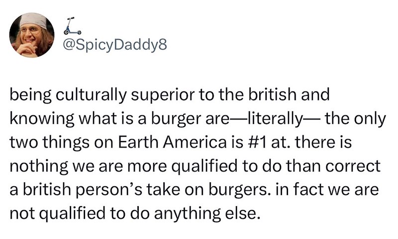 L @SpicyDaddy8 being culturally superior to the british and knowing what is a burger are—literally- the only two things on Earth America is #1 at. there is nothing we are more qualified to do than correct a british person's take on burgers. in fact we are not qualified to do anything else.