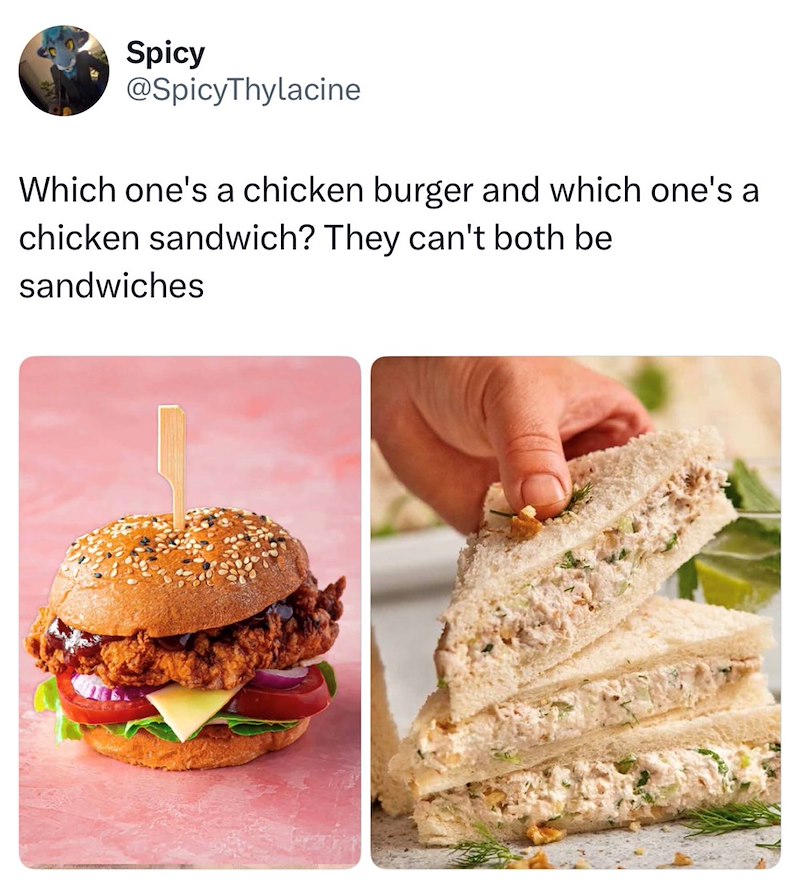 Spicy @SpicyThylacine Which one's a chicken burger and which one's a chicken sandwich? They can't both be sandwiches