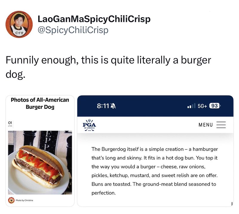 *8 LaoGanMaSpicy ChiliCrisp @SpicyChiliCrisp Funnily enough, this is quite literally a burger dog. 01 of 05 Photos of All-American Burger Dog Photo by Christina PGA OF AMERICA 8:11 5G+ 93 MENU The Burgerdog itself is a simple creation - a hamburger that's long and skinny. It fits in a hot dog bun. You top it the way you would a burger - cheese, raw onions, pickles, ketchup, mustard, and sweet relish are on offer. Buns are toasted. The ground-meat blend seasoned to perfection.