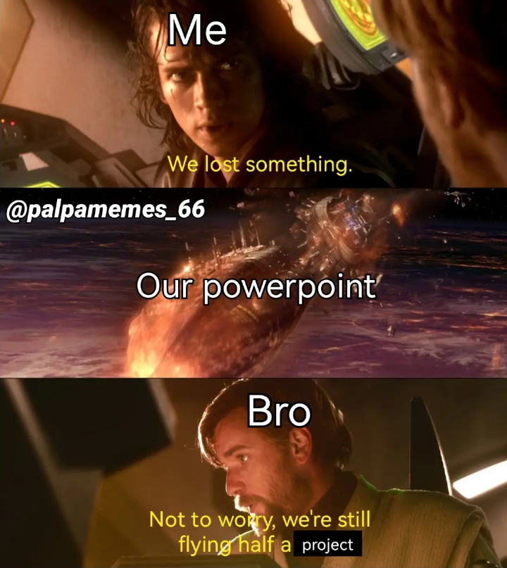 Me We lost something. @palpamemes_66 Our powerpoint Bro Not to worry, we're still flying half a project