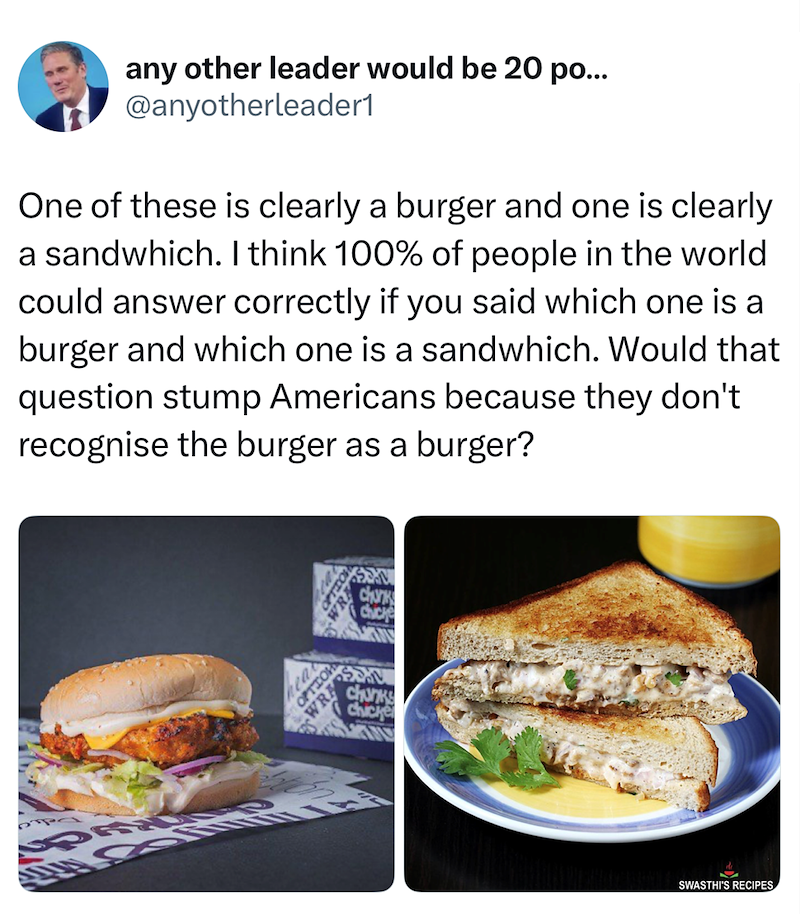 any other leader would be 20 po... @anyotherleader1 One of these is clearly a burger and one is clearly a sandwhich. I think 100% of people in the world could answer correctly if you said which one is a burger and which one is a sandwhich. Would that question stump Americans because they don't recognise the burger as a burger? head WRA ER chunks Chucke chunks chicke SWASTHI'S RECIPES