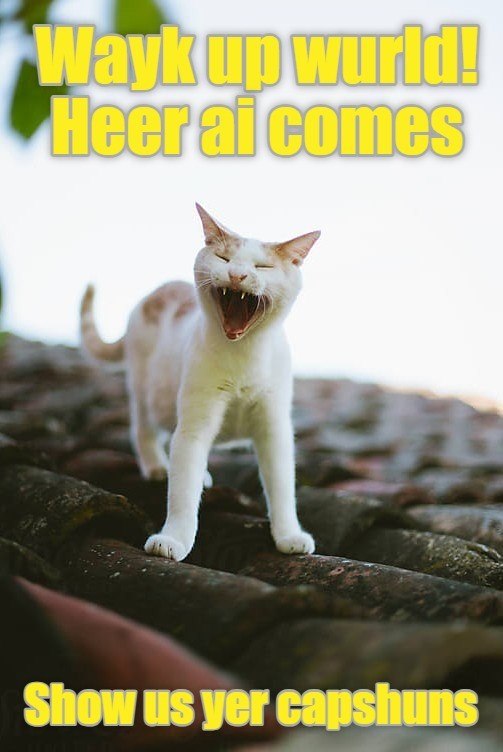 Wayk up wurld! Heer ai comes Show us yer capshuns