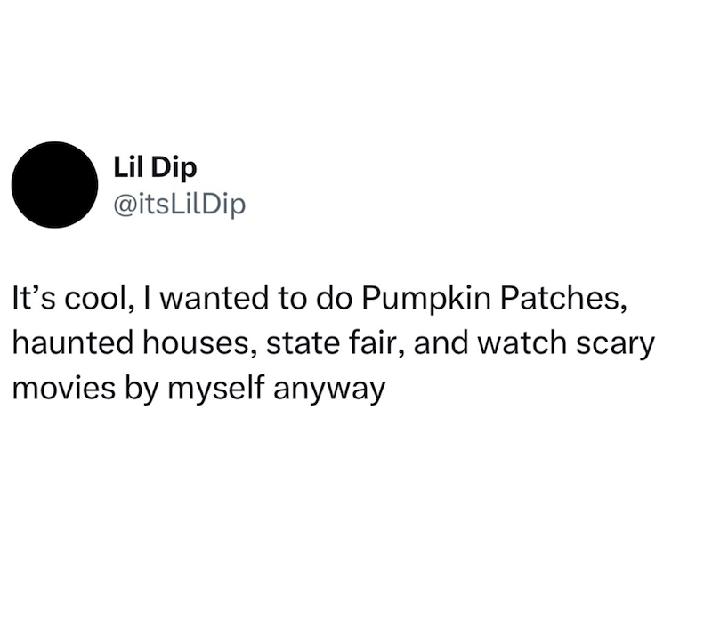 Lil Dip @itsLilDip It's cool, I wanted to do Pumpkin Patches, haunted houses, state fair, and watch scary movies by myself anyway