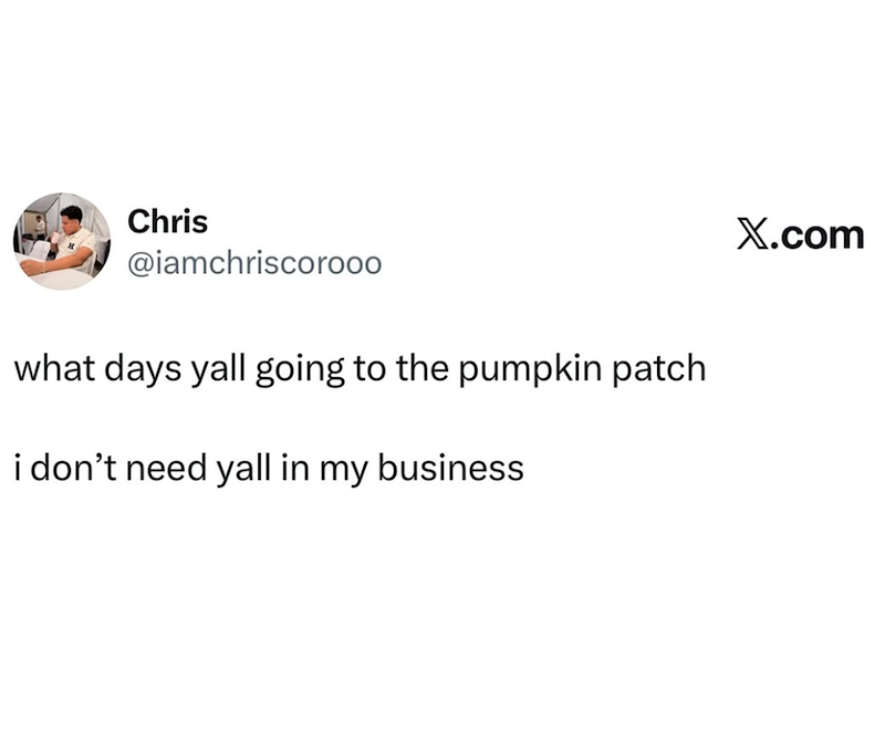 Chris @iamchriscorooo what days yall going to the pumpkin patch i don't need yall in my business X.com