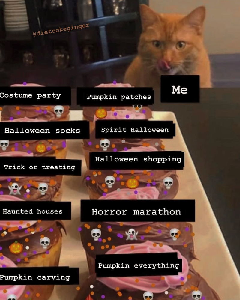 @dietcokeginger Me Costume party Pumpkin patches Halloween socks Spirit Halloween Halloween shopping Trick or treating Haunted houses Horror marathon Pumpkin everything Pumpkin carving 8