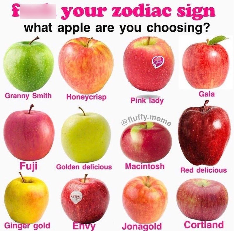 f your zodiac sign what apple are you choosing? Granny Smith Gala Honeycrisp Pink lady @fluffy.meme Fuji Golden delicious Macintosh Red delicious envy Ginger gold Envy Jonagold Cortland