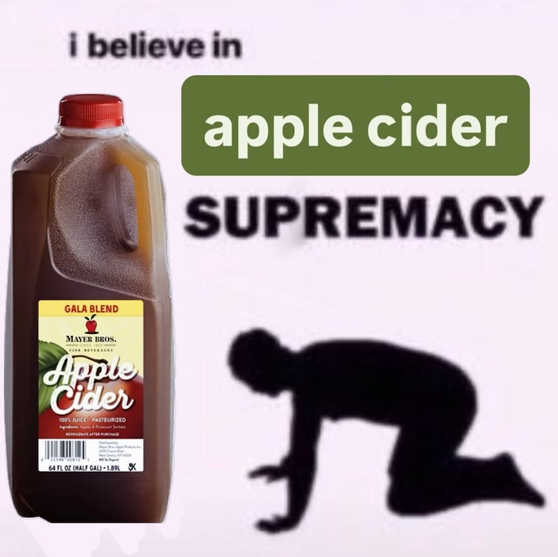 i believe in apple cider SUPREMACY GALA BLEND MAYER BROS. FINE BEVERAGEN Apple Cider 100% JUICE PASTEURIZED Ingredients Appi & Sortaie REFRIGERATE AFTER PURCHASE 221900812 64 FL OZ (HALF GAL)-1.89L