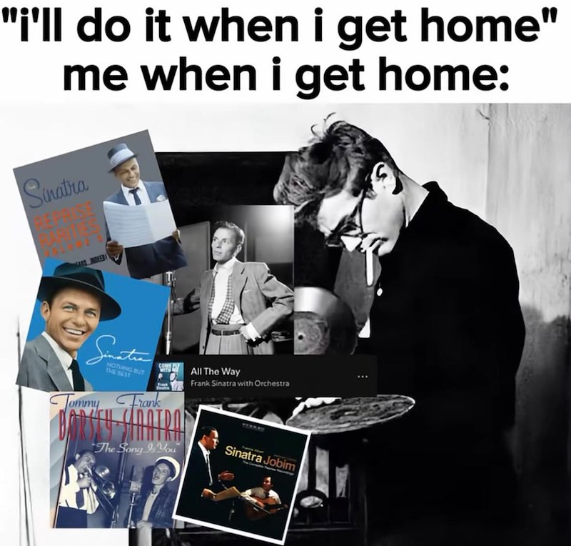 "i'll do it when i get home" me when i get home: Sinatra ARS INDEED Sinatra NOTHING BUT THE BEST Tommy Frank All The Way Frank Sinatra with Orchestra The Song You Sinatra Jobim
