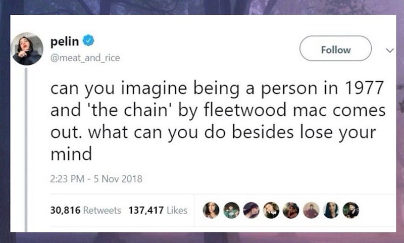 pelin @meat_and_rice Follow can you imagine being a person in 1977 and 'the chain' by fleetwood mac comes out. what can you do besides lose your mind 2:23 PM-5 Nov 2018 30,816 Retweets 137,417 Likes