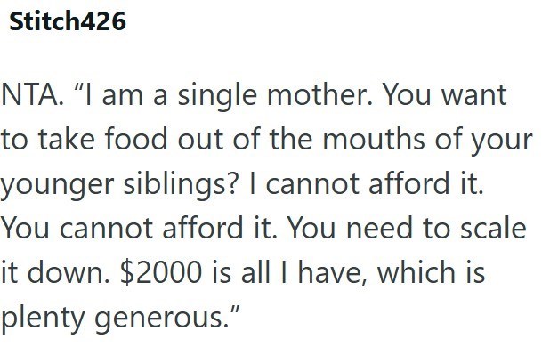 Stitch426 NTA. "I am a single mother. You want to take food out of the mouths of your younger siblings? I cannot afford it. You cannot afford it. You need to scale it down. $2000 is all I have, which is plenty generous."