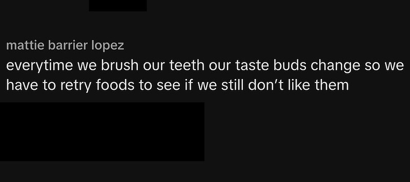 mattie barrier lopez everytime we brush our teeth our taste buds change so we have to retry foods to see if we still don't like them