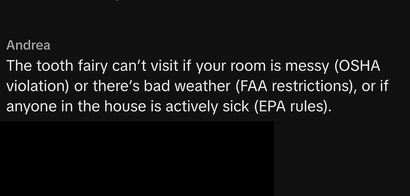 Andrea The tooth fairy can't visit if your room is messy (OSHA violation) or there's bad weather (FAA restrictions), or if anyone in the house is actively sick (EPA rules).