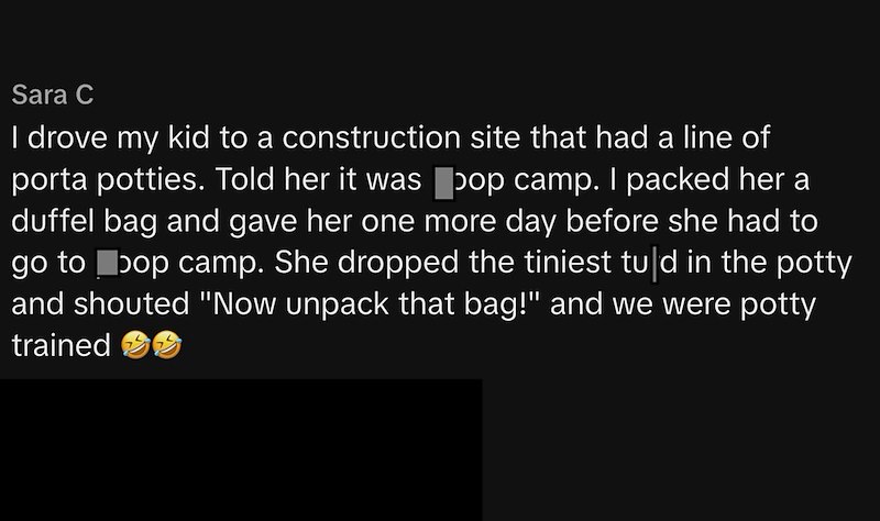 Sara C I drove my kid to a construction site that had a line of porta potties. Told her it was pop camp. I packed her a duffel bag and gave her one more day before she had to go to pop camp. She dropped the tiniest tuld in the potty and shouted "Now unpack that bag!" and we were potty trained