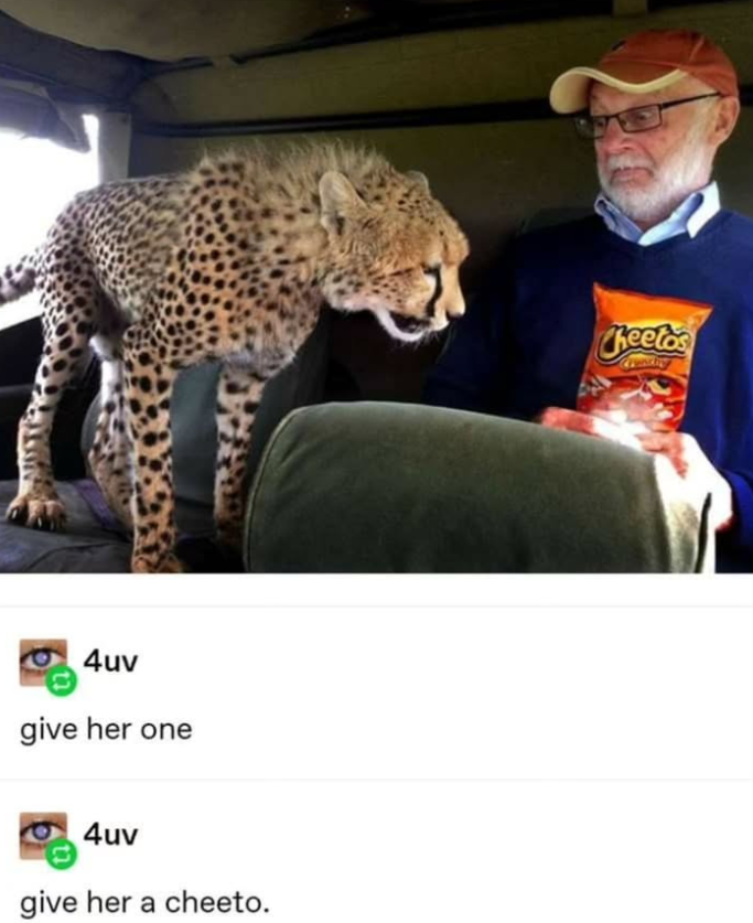 4uv give her one 4uv give her a cheeto. Cheetos