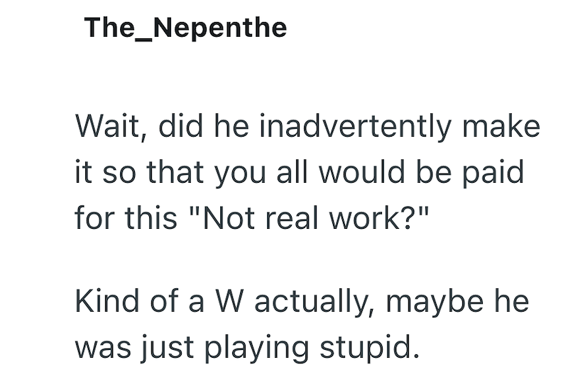 The_Nepenthe Wait, did he inadvertently make it so that you all would be paid for this "Not real work?" Kind of a W actually, maybe he was just playing stupid.
