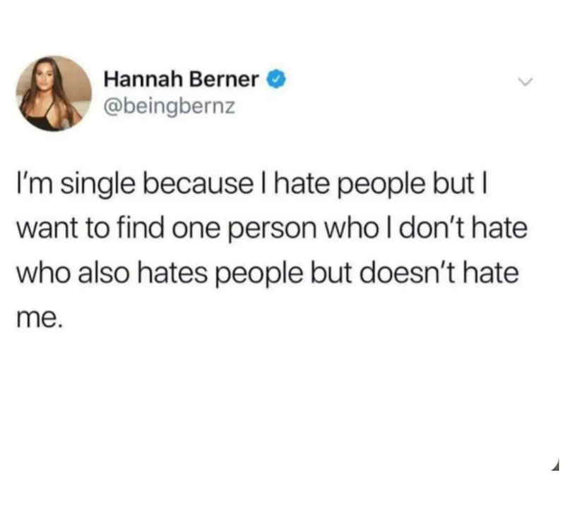 Hannah Berner @beingbernz I'm single because I hate people but I want to find one person who I don't hate who also hates people but doesn't hate me.