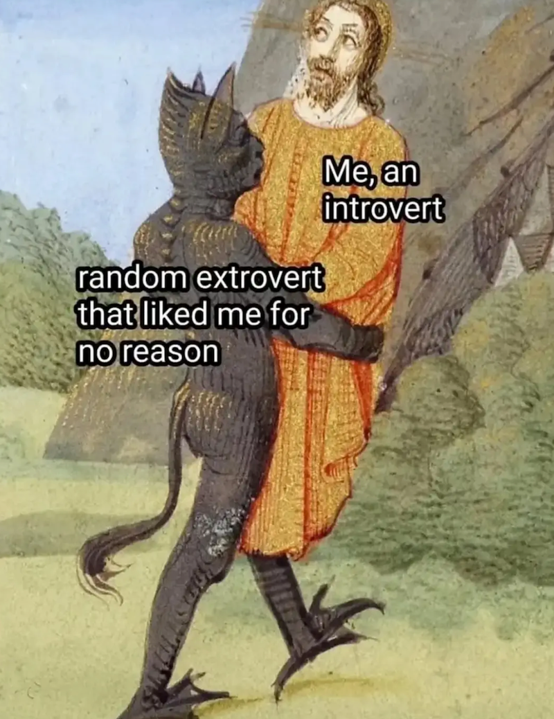 random extrovert that liked me for no reason Me, an introvert