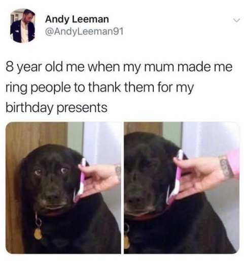 Andy Leeman @AndyLeeman91 8 year old me when my mum made me ring people to thank them for my birthday presents <