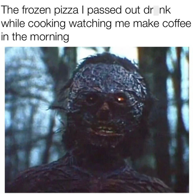 The frozen pizza I passed out dr_nk while cooking watching me make coffee in the morning