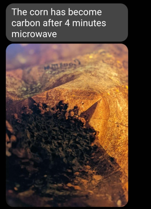 The corn has become carbon after 4 minutes microwave