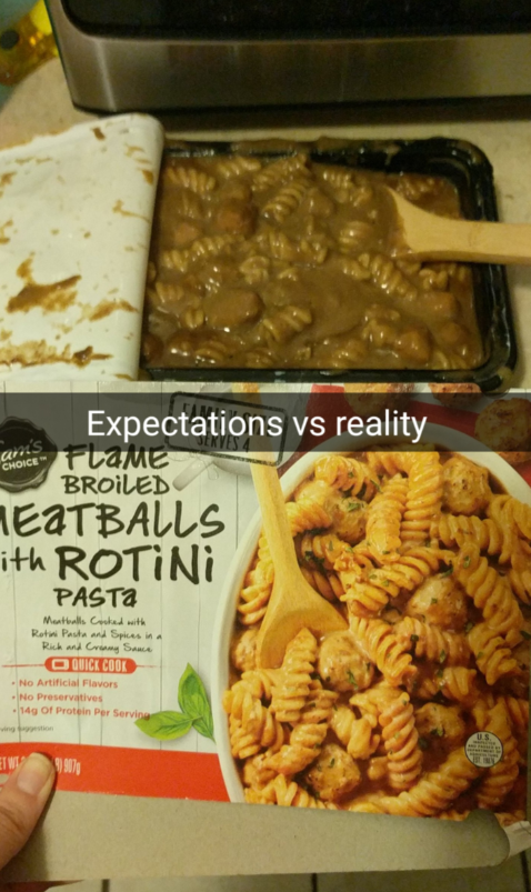 amis CHOICE Expectations vs reality FLAME BROILED MEATBALLS ith ROTINI PASTA Meatballs Corked with Roti Pasta and Spices in a Rick and Creamy Sauce QUICK COOK No Artificial Flavors No Preservatives 14g Of Protein Per Servings ET W 907 US