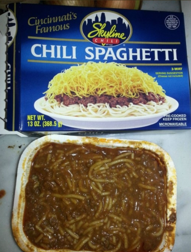 Cincinnati's Famous Skyline CHILI US DEPATWAY OF CHILI SPAGHETTI CLIUL 2-WAY SERVING SUGGESTION (Cheese not included) NET WT. 13 OZ. (368.5 g) PRE-COOKED KEEP FROZEN MICROWAVEABLE