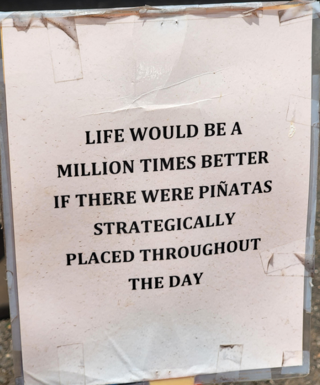 LIFE WOULD BE A MILLION TIMES BETTER IF THERE WERE PIÑATAS STRATEGICALLY PLACED THROUGHOUT THE DAY