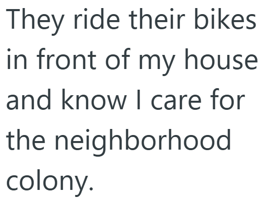 They ride their bikes in front of my house and know I care for the neighborhood colony.