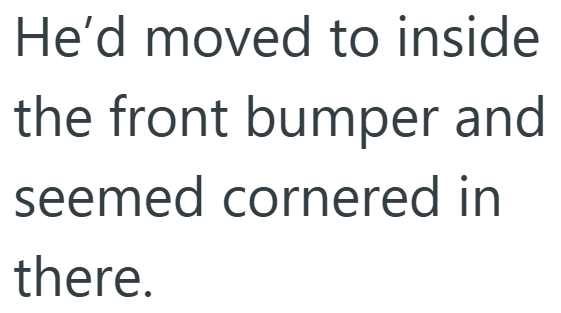 He'd moved to inside the front bumper and seemed cornered in there.