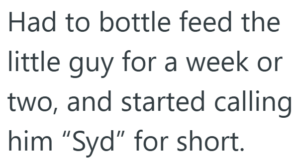 Had to bottle feed the little guy for a week or two, and started calling him "Syd" for short.