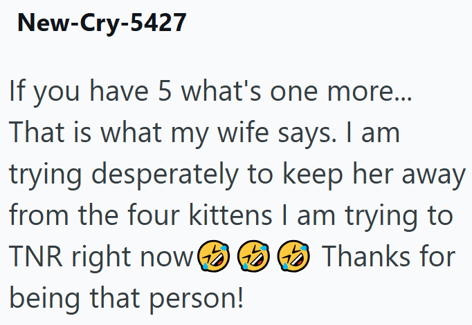 New-Cry-5427 If you have 5 what's one more... That is what my wife says. I am trying desperately to keep her away from the four kittens I am trying to TNR right now being that person! Thanks for
