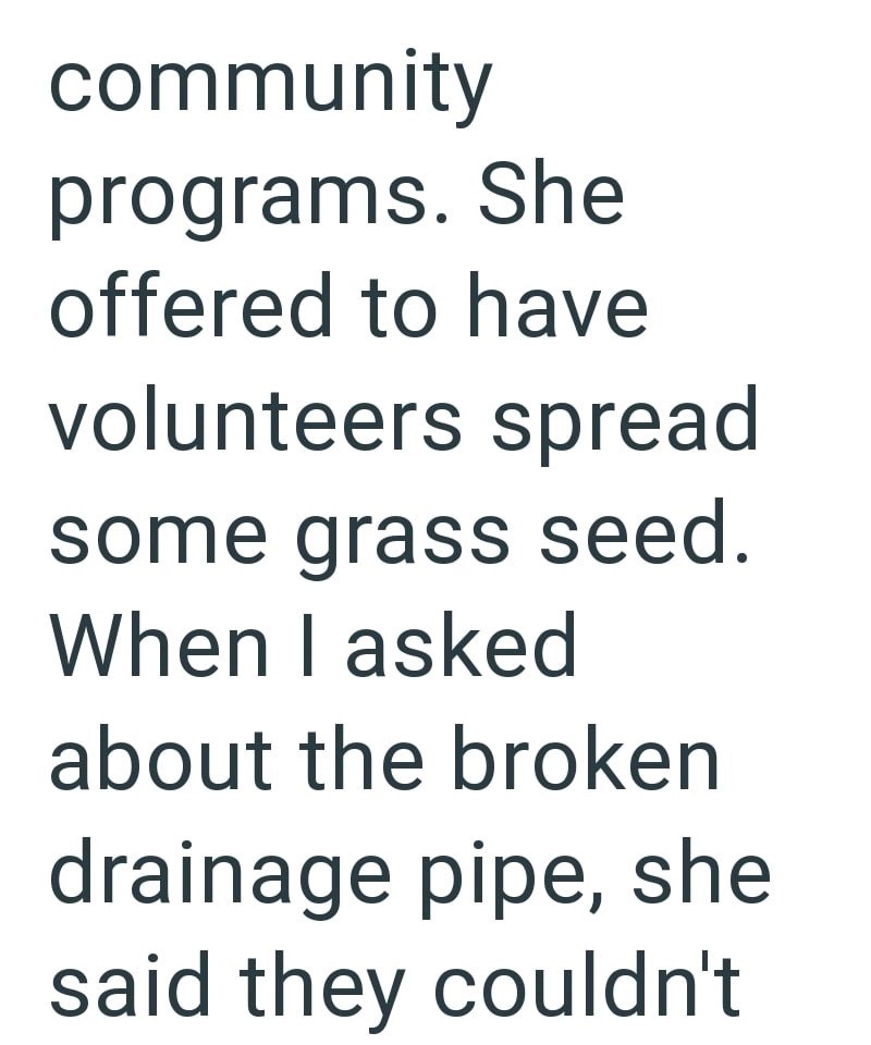 community programs. She offered to have volunteers spread some grass seed. When I asked about the broken drainage pipe, she said they couldn't