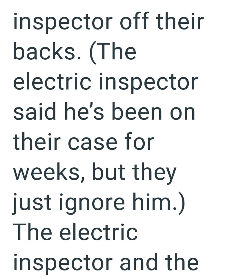 inspector off their backs. (The electric inspector said he's been on their case for weeks, but they just ignore him.) The electric inspector and the