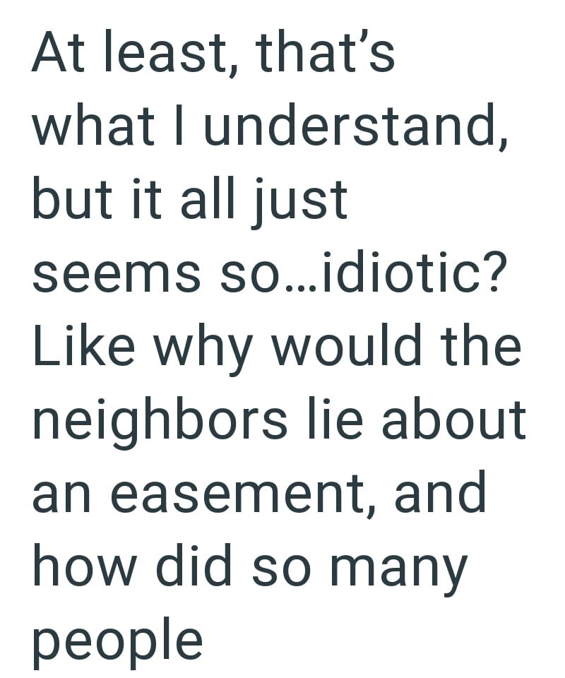 At least, that's what I understand, but it all just seems so...idiotic? Like why would the neighbors lie about an easement, and how did so many people