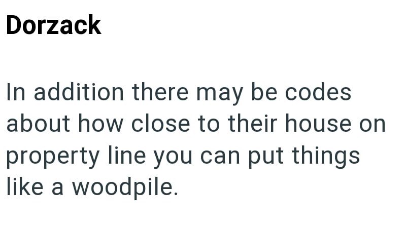 Dorzack In addition there may be codes about how close to their house on property line you can put things like a woodpile.