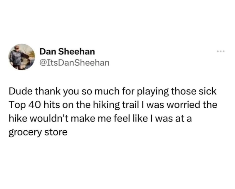 Dan Sheehan @ItsDanSheehan Dude thank you so much for playing those sick Top 40 hits on the hiking trail I was worried the hike wouldn't make me feel like I was at a grocery store