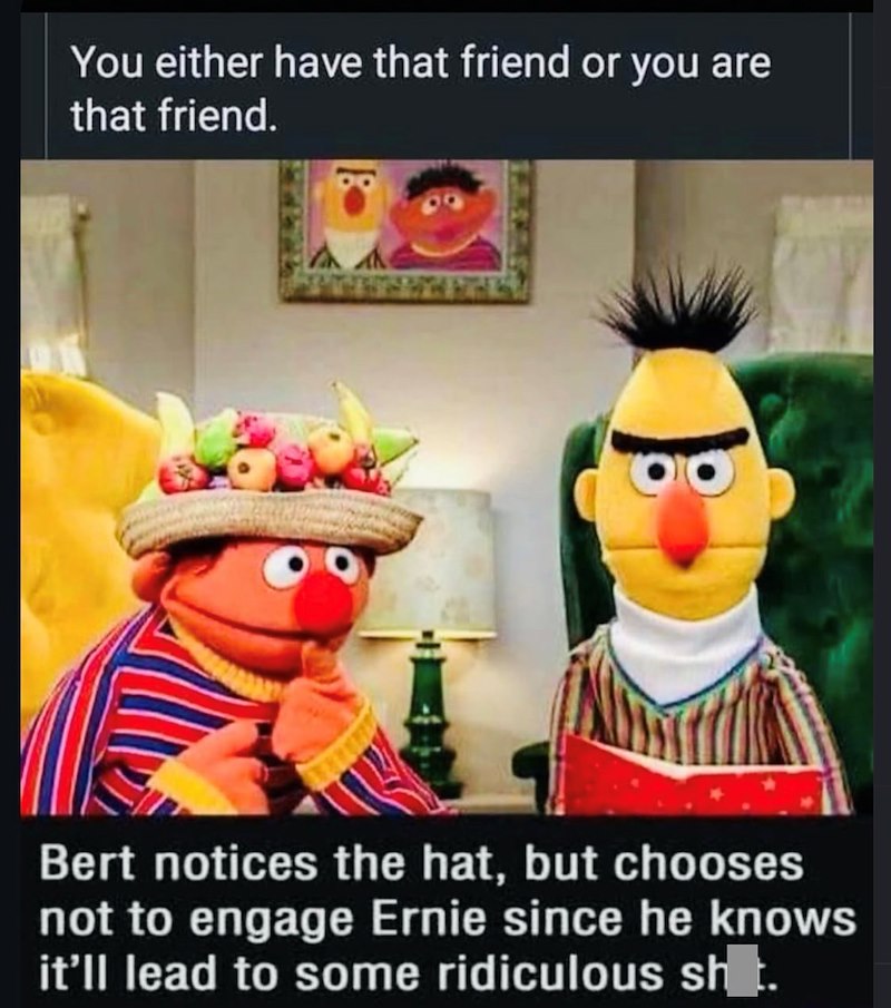 You either have that friend or you are that friend. A Bert notices the hat, but chooses not to engage Ernie since he knows it'll lead to some ridiculous sht.