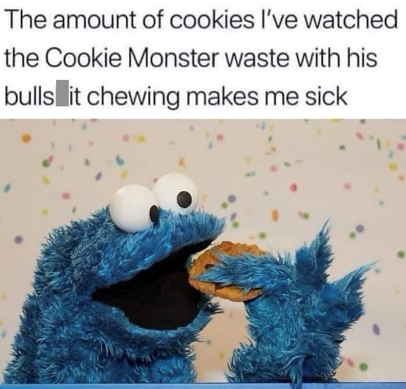The amount of cookies I've watched the Cookie Monster waste with his bulls it chewing makes me sick