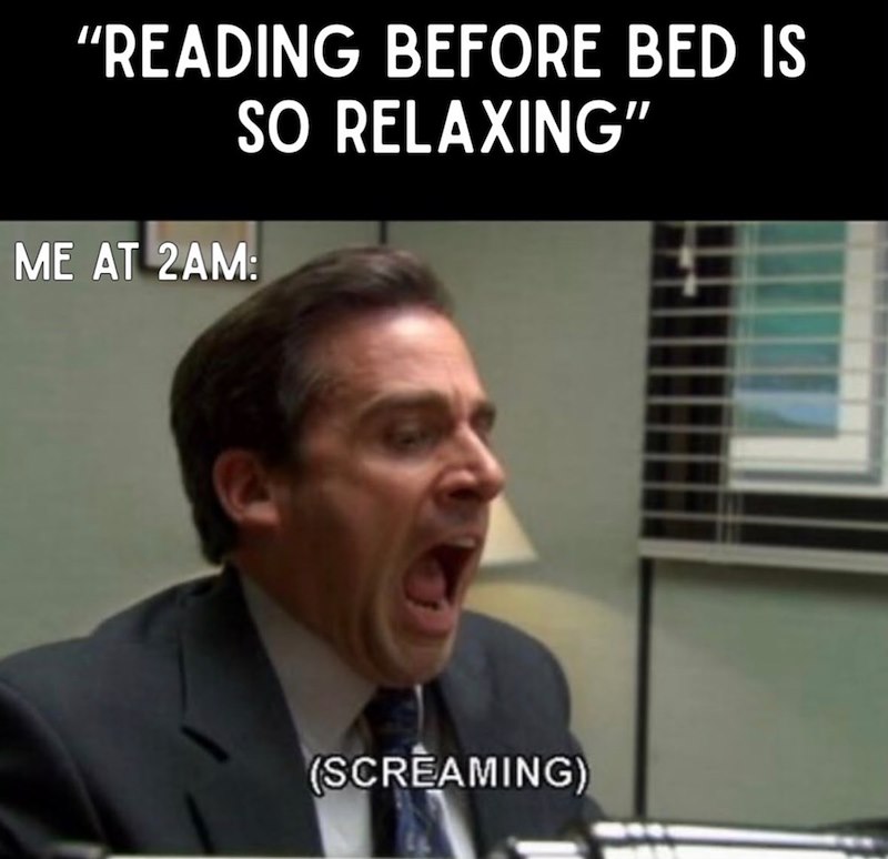 "READING BEFORE BED IS SO RELAXING" ME AT 2AM: (SCREAMING)