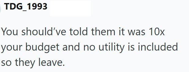 TDG 1993 You should've told them it was 10x your budget and no utility is included so they leave.