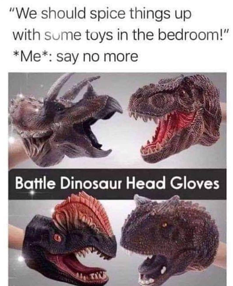 "We should spice things up with some toys in the bedroom!" *Me*: say no more Battle Dinosaur Head Gloves TAKE