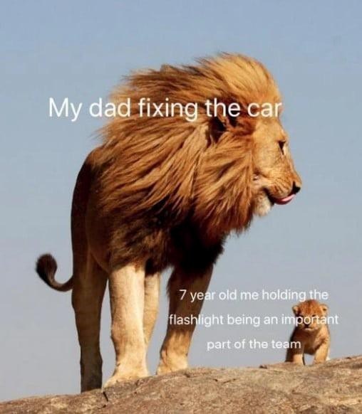 My dad fixing the car 7 year old me holding the flashlight being an important part of the team