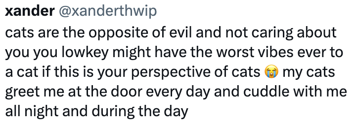 xander @xanderthwip cats are the opposite of evil and not caring about you you lowkey might have the worst vibes ever to a cat if this is your perspective of cats my cats greet me at the door every day and cuddle with me all night and during the day