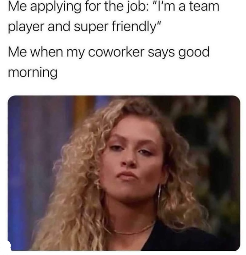 Me applying for the job: "I'm a team player and super friendly" Me when my coworker says good morning