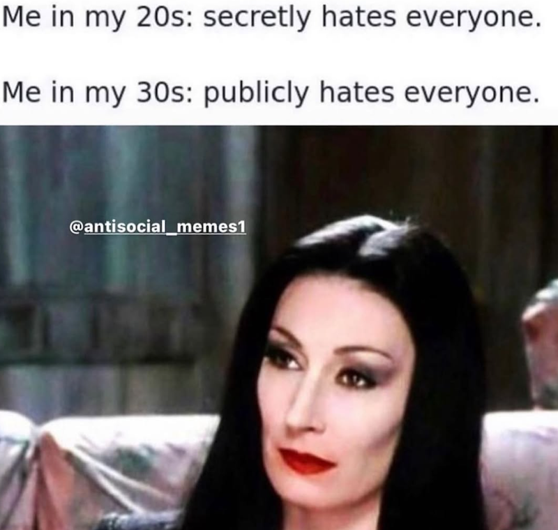 Me in my 20s: secretly hates everyone. Me in my 30s: publicly hates everyone. @antisocial_memes1