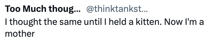 Too Much thoug... @thinktankst... I thought the same until I held a kitten. Now I'm a mother