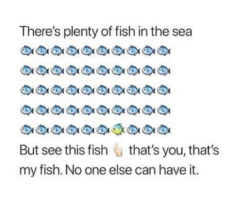 There's plenty of fish in the sea But see this fish that's you, that's my fish. No one else can have it.