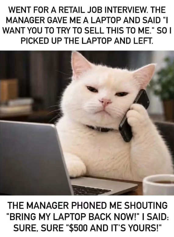 WENT FOR A RETAIL JOB INTERVIEW. THE MANAGER GAVE ME A LAPTOP AND SAID "I WANT YOU TO TRY TO SELL THIS TO ME." SO I PICKED UP THE LAPTOP AND LEFT. THE MANAGER PHONED ME SHOUTING "BRING MY LAPTOP BACK NOW!" I SAID: SURE, SURE "$500 AND IT'S YOURS!"